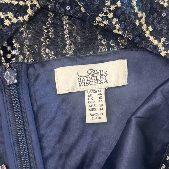 Belle Badgley Mischka Embroidered Sequin Cocktail Party Dress Navy Size 14 - Picture 8 of 10